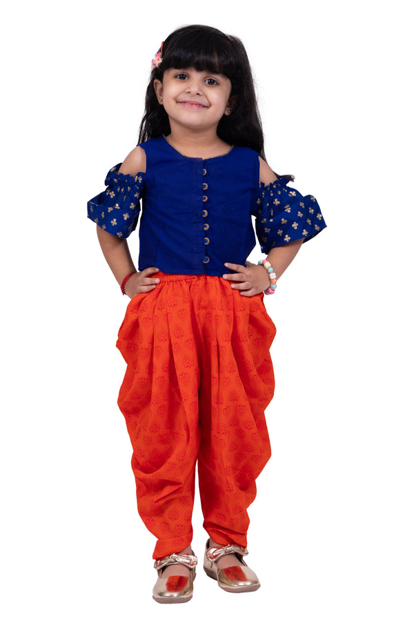 Twisha Girls Half Sleeves Foil/Glitter Print Top With Printed Dhoti-Blue & Orange