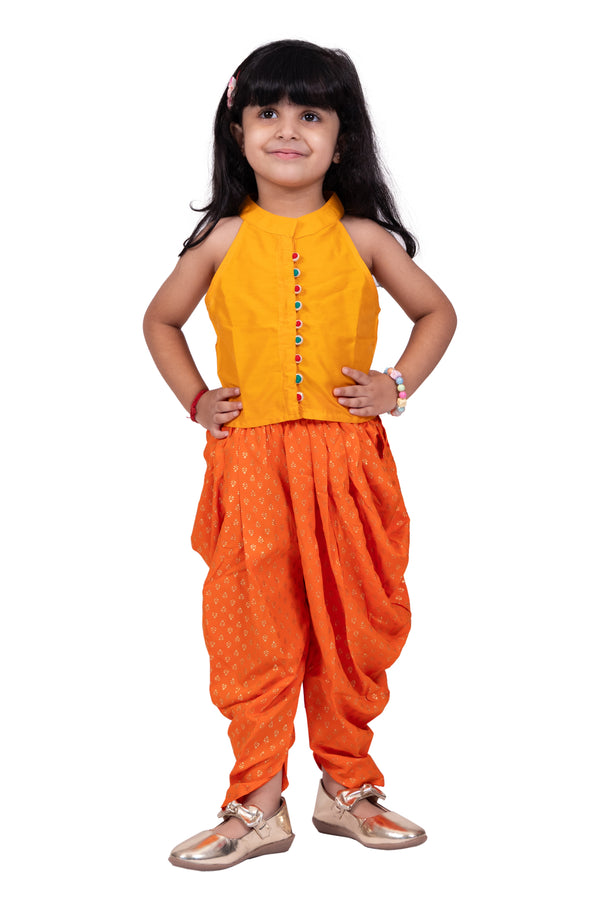 Twisha Girls Chanderi Sleeveless Solid Top With Printed Dhoti-Yellow & Orange