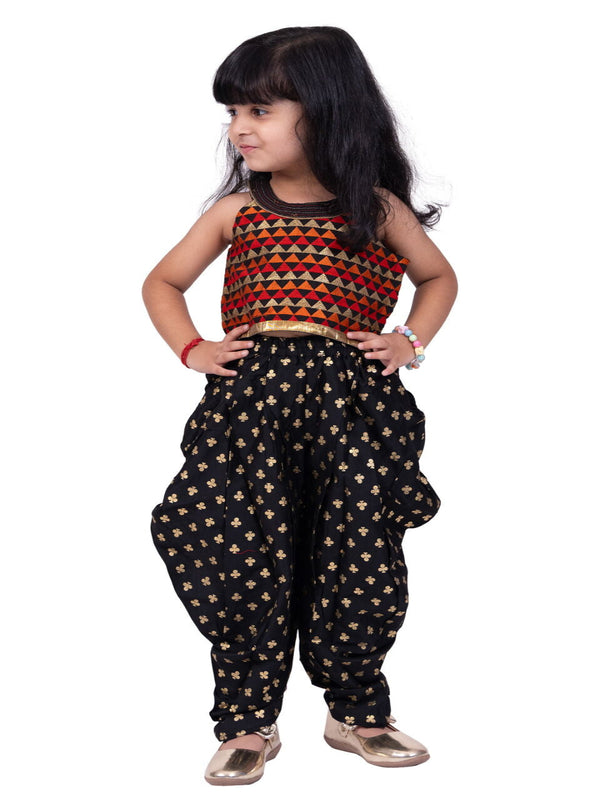 Twisha Girls Sleeveless Embroidered Top With Printed Dhoti- Black & Red