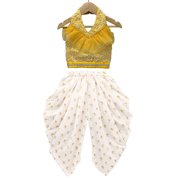 Twisha Woven Sleeveless All Over Embroidered Top With Printed Dhoti-Yellow & White