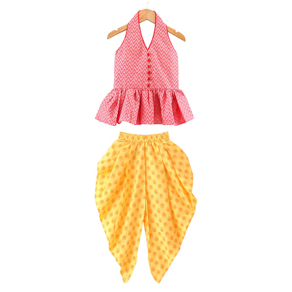 Twisha Woven Cotton Sleeveless Printed Top With Printed Dhoti-Coral & Yellow