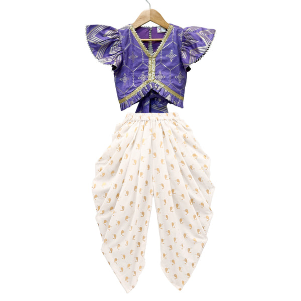 Twisha Woven Half Sleeves Embellished Top With Dhoti-Purple & White